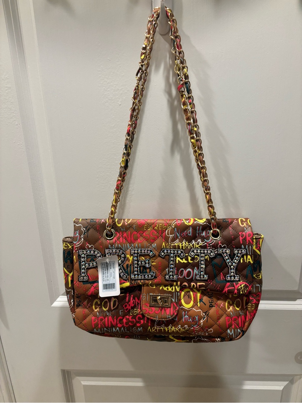 Source Unknown Brown Quilted Graffiti Shoulder Bag with Gold Chain